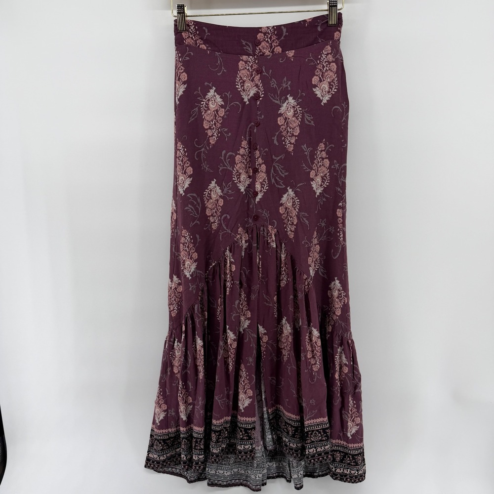 Full Tilt Womens XS Plum Floral Button Front Boho Tiered Maxi Skirt Smocked Back
